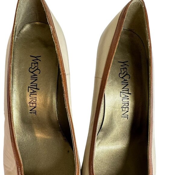 Saint Laurent Pump Shoes Size US 7 Beige Brown Patent Leather Heel Block Bow - Picture 8 of 15